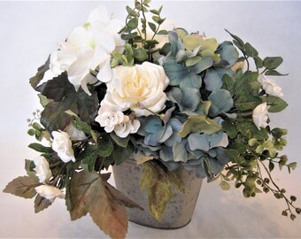 Farmhouse silk flower arrangement, blue and cream, French Country, silk flower arrangement