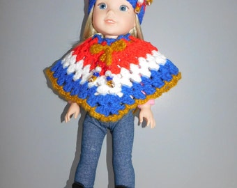 Hand crocheted Red White and Blue Poncho and Hat for Wellie Wishers Dolls. 14 1/4 inch tall doll. Doll not included. dollclothesandstuff