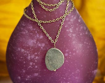 Natural Oval Pyrite Pendant and Bronze Long Bohemian Hippie Necklace