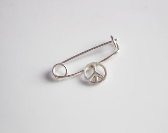 Safety Pin Brooch in Sterling Silver with Peace Sign Safety Pin Movement