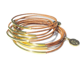 New Gorgeous Set of 10 Boho/Hippie Genuine Leather Cord Bangles in Vintage Tan with Gold Tube Beads and 2 Gold Coin Charms