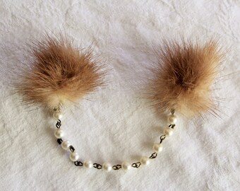Brown mink sweater clips with faux pearl string / cute kitschy retro ladies fashion / 1950s or 1960s mid century