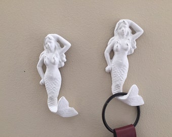 2 mermaid's white hooks, lightly distressed, hook for coats, towels or display