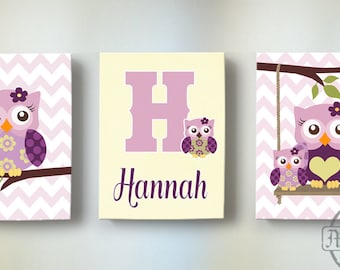 Plum Owl Meadow Baby Girl Nursery Art Set of Three Canvas Art Prints - Personalized Owl Wall Art - Baby Girl Nursery Art, Kids Wall Art