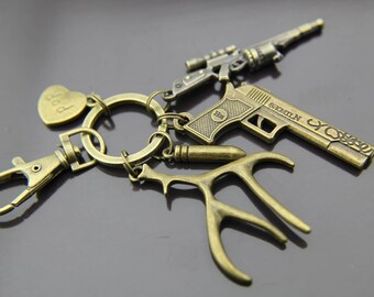 Hunter Keychain Dad Keychain Hunter Charm Dad Charm Antler Charm Rifle Charm Bullet Charm Handgun Charm Keychain Personalized Keychain