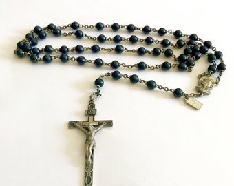 Religious catholic rosary antique cocoa bean sterling silver cross and medal made in Italian