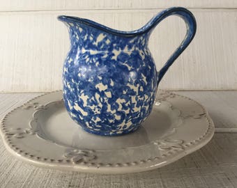 Vintage Stangl Blue Spongeware Town Country Water Juice Pitcher Hand Painted blue white pitcher mid century beverage pitcher replacements