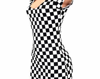 UV Glow Black & White Checkered Winners Flag Print Spandex Bodycon Clubwear Cap Sleeve Mini Dress 150142