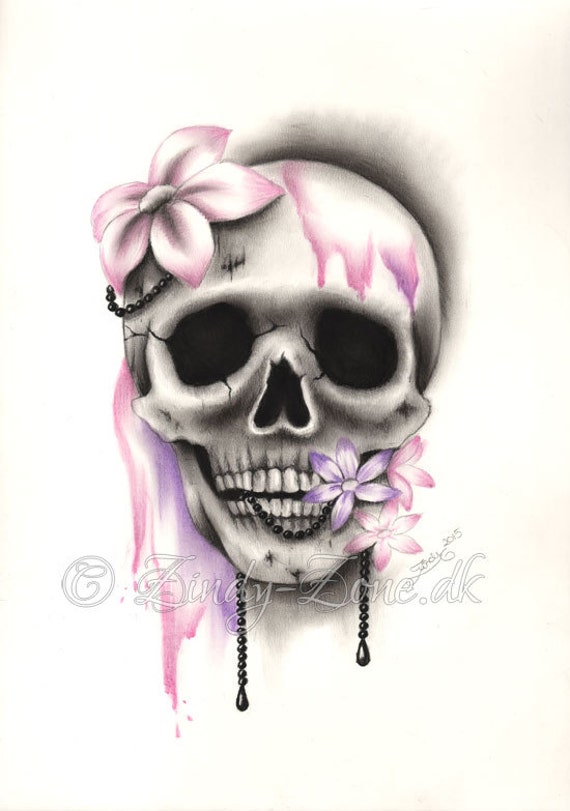Sweet Decay Skull Flower Pink Purple Girl Tattoo Pearls Art