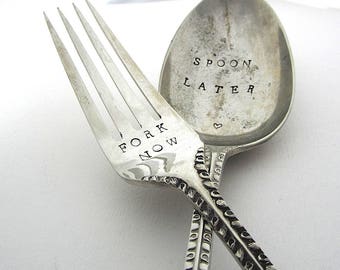 Fork Now, Spoon Later, Handstamped Tablespoon and Fork, Lovers' Gift, Victorian Silverware