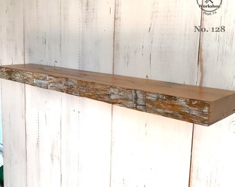 34" Hand-Hewn Reclaimed Wood Antique Old Growth Oak Floating Shelf, Distressed White Face (Shelf No. 128)