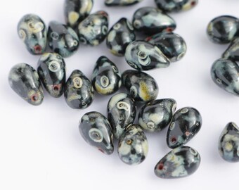 Jet Black Picasso Drops 6x9mm (25pcs) Czech Glass Antique Black Traventine Drop Beads Briolette