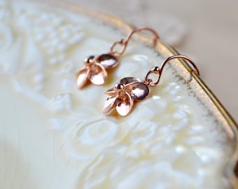 Rose Gold Earrings Flower Earrings, Dainty Rose Gold Vermeil Earrings, Gift Mom, Rose Gold Jewelry, Rose Gold Drop Earrings, Dangle Earrings