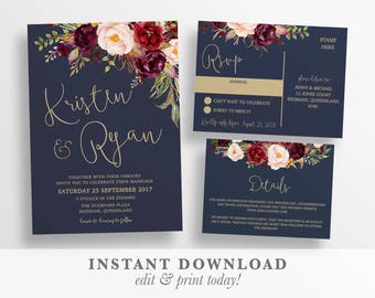 Wedding invitation | Printable rustic wedding invitation template | marsala navy gold wedding templett instant download | LUCY 93233