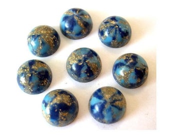 9 Vintage cabochon, lucite plastic, blue with gold color glitters, 13mm, 6mm height