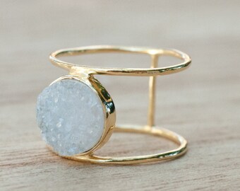 Druzy Ring * Gold Ring * Statement Ring *Gemstone Ring * White Druzy Ring *Gold Crystal* Natural Druzy *Large Gemstone *Organic Ring*BJR005