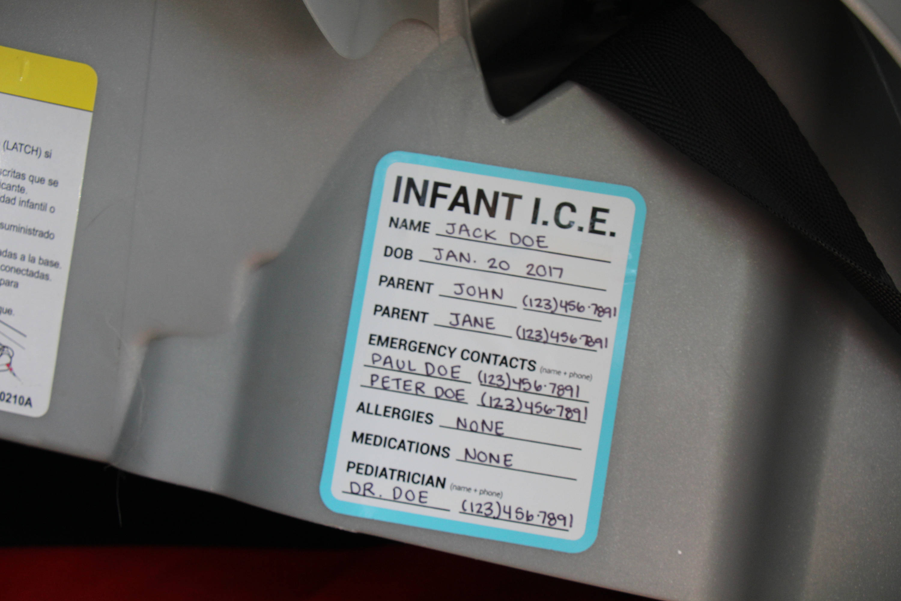 INFANT I.C.E. In Case of Emergency Car Seat Sticker Safety