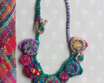 Unique colorful necklace, statement fiber jewelry, knitted with handwoven and embroidered bamboo beads, both sides wearable, OOAK