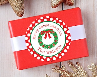 Christmas Stickers - Personalized Gift Labels - Christmas Wreath - Sheet of 12 or 24