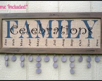 Family Birthday Board, Family Celebration Board, Family Birthday Sign, Family Celebrations Sign, Burlap Print, Burlap Sign, Framed Sign