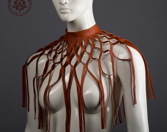 Leather fringe collar / Cut out rust brown leather tassel capelet / Avant garde / Boho leather fringe cape / Edgy fashion / Burning man