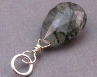 Moss Green Tourmalated Quartz Pendant, Rutile Quartz Charm, Rutilated Quartz, Sterling Silver Wire Wrapped Pendant, Green Rutile, Stone 23