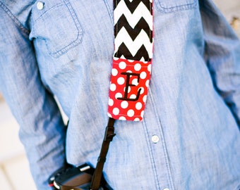 Monogrammed camera strap cover (red/black)