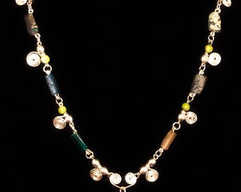 Roman glass, green aventurine and silver necklace