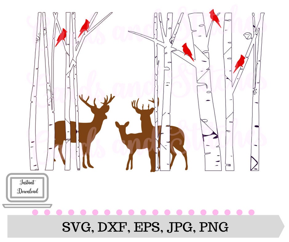 Download Deer SVG Deer in Birch Trees Cardinals in Trees Woodland
