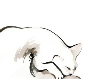 Minimalist Cat Original Watercolor and Ink Painting, Cat Painting, Black and White Modern Cat Painting Art