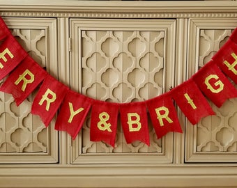 Merry and Bright Banner, Merry Banner, Christmas Banner, Red, Green, Burlap Banner, Holiday Decor, Mantle Decor, Christmas Decor