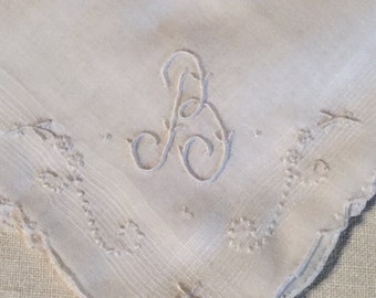 Vintage White Hanky with a White Initial B - Handkerchief Hankie