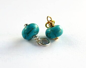 December Birthstone Charm - Turquoise Gemstone Charm - Sterling Silver or 14K Gold Filled Blue Gemstone Charm - Turquoise Rondelle - 13x8mm