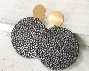 Pebbled gunmetal leather + brass earrings