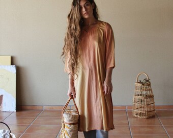 Vintage Bohemian Indian Silk Tunic | Hippie Earth Tone Long Sleeve Silk Tunic Dress
