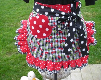 Womens Aprons - Waist Cherry Fabric Aprons - Aprons with Cherry Fabrics - Annies Attic Aprons - Hostess Aprons - Hostess Gifts - Red Aprons