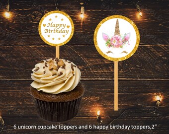 Unicorn cupcake topper, unicorn party decoration, unicorn wrapper, unicorn horn, instant download, gold glitter, unicorn printable, digital