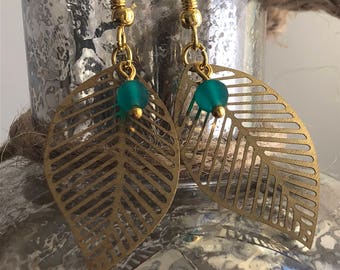 Gold Leaf & Teal Green Bead Earrings