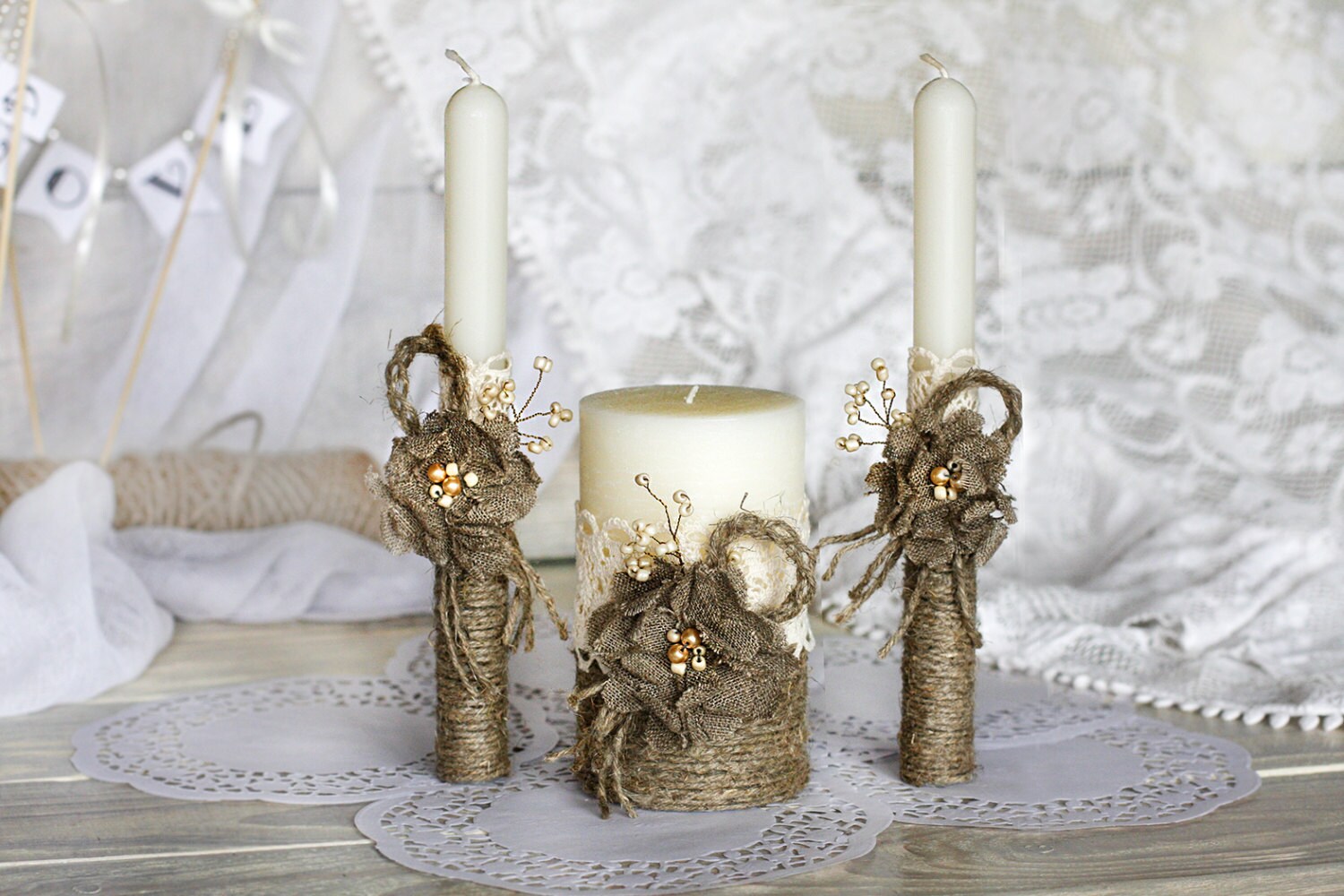 Wedding Unity Candle Burlap Flowers Personalized Wedding Unity Candle Burlap Flowers Personalized