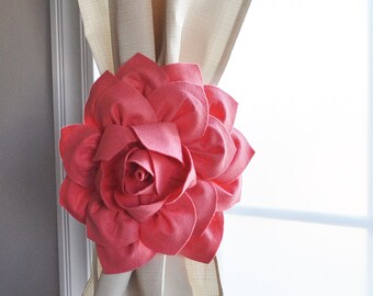 Curtain Tiebacks / Two Flower Window Treatments / Curtain Holdback / Drapery Tie Back / Coral Home Decor / Curtain / Curtain Tie
