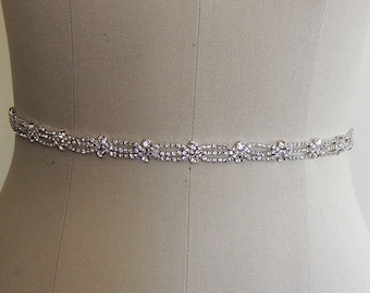 Thin Bridal Gown Sash, Wedding Dress Belt Sash, Thin Rhinestone Crystal Sash, Bridesmaids