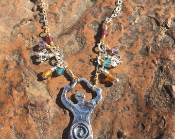 Goddess and gemstone necklace, sterling silver