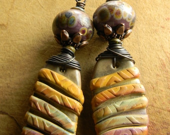Tribal Jewelry Earrings Lampwork Polymer Clay Yellow Mauve Copper