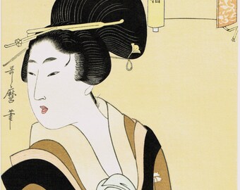 Japanese Ukiyo-e Woodblock print, Utamaro, "One of 12 Beauties"