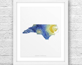 North Carolina Van Gogh Style, North Carolina Print, North Carolina Art, North Carolina Map Art, North Carolina Printable, Instant Download
