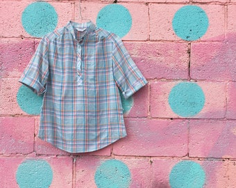 Vintage Sky Blue Plaid Camp Shirt (Size Small/Medium)