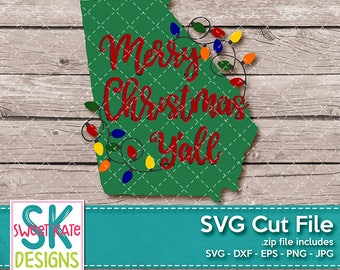 Merry Christmas Yall Georgia SVG dxf EPS png JPG htv Heat Transfer Vinyl Cricut Explore Silhouette Cameo Christmas Lights Sweet Kate Designs