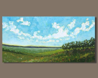 abstract painting, farm field painting, panoramic painting, pastoral, oblong, green fields landscape painting, impressionist art