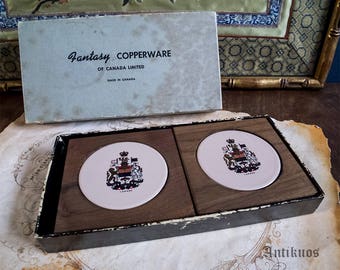 Vintage Canadian coasters, mid century wood and ceramic souvenir coasters,FANTASY COPPERWARE small coasters, retro barware, collectable