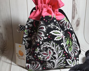 Medium Drawstring Project Bag- Pink and Black Floral - Knitting- Crochet- Needlearts- Crafting- Artist